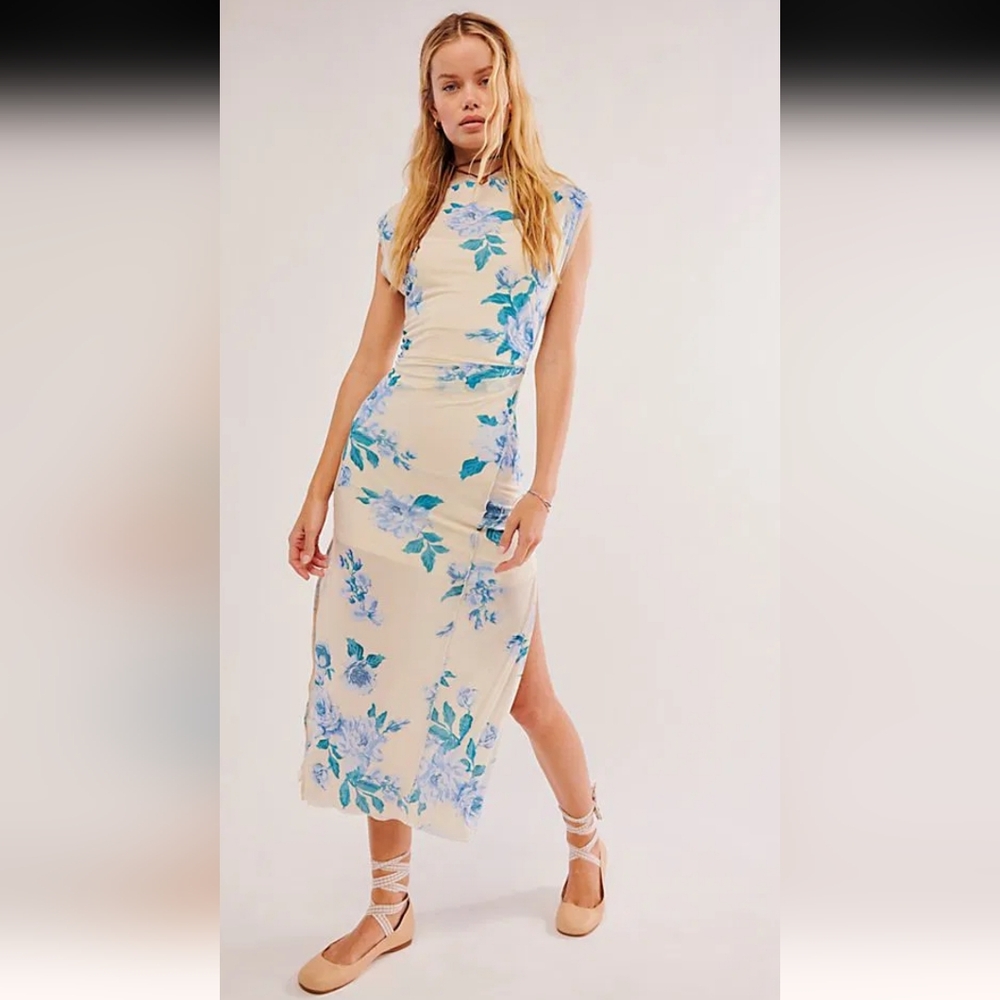 Free People Carmel Blue Floral Midi Dress